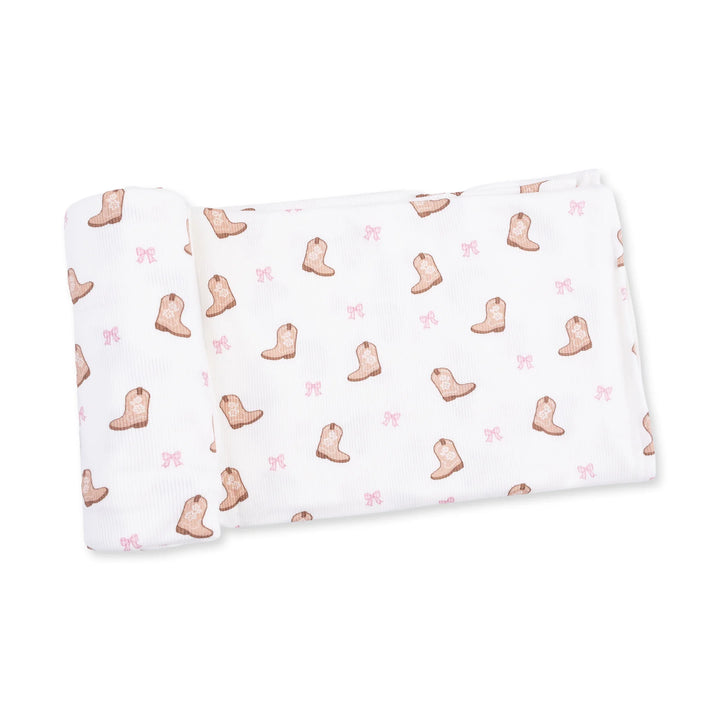Angel Dear Mini Cowgirl Boots Swaddle Blanket displayed to show the full baby blanket and mini cowgirl boots design