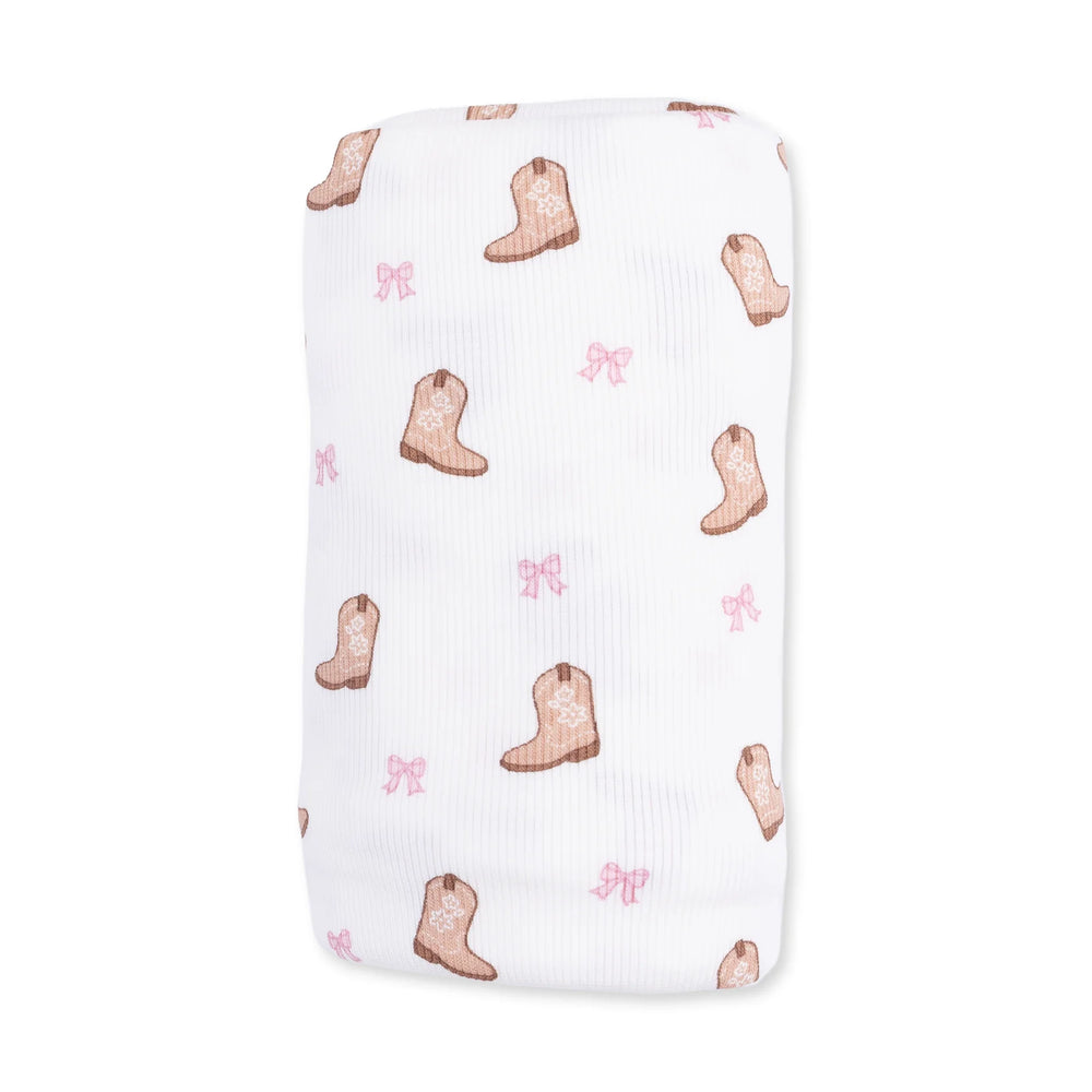Angel Dear Mini Cowgirl Boots Swaddle Blanket close-up highlighting the mini cowgirl boots design across the blanket