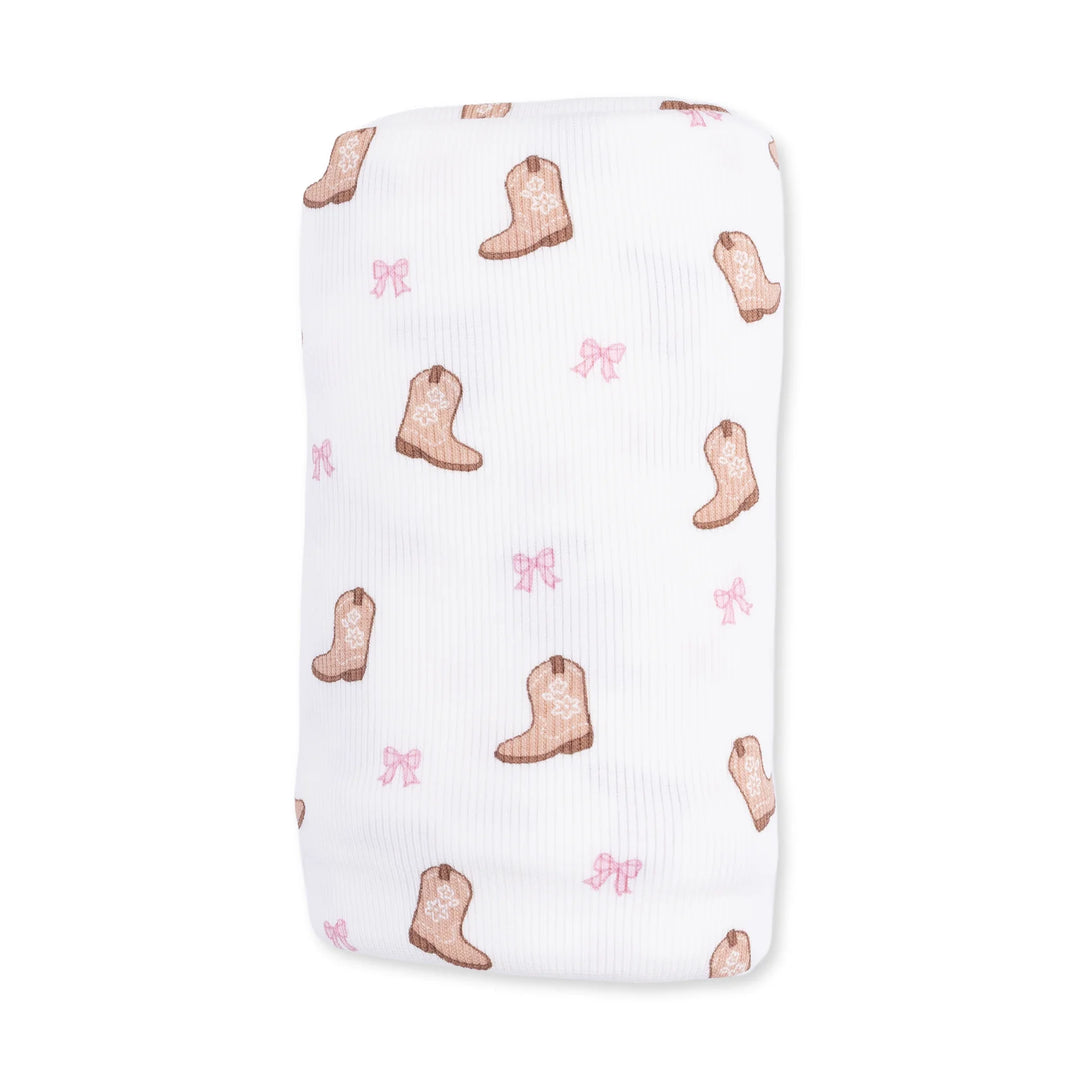 Angel Dear Mini Cowgirl Boots Swaddle Blanket close-up highlighting the mini cowgirl boots design across the blanket