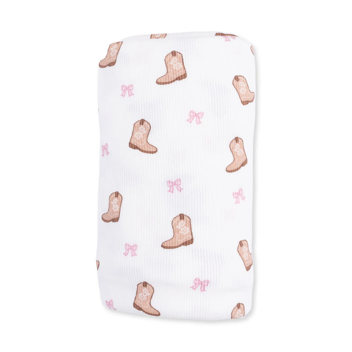 Angel Dear Mini Cowgirl Boots Swaddle Blanket close-up highlighting the mini cowgirl boots design across the blanket