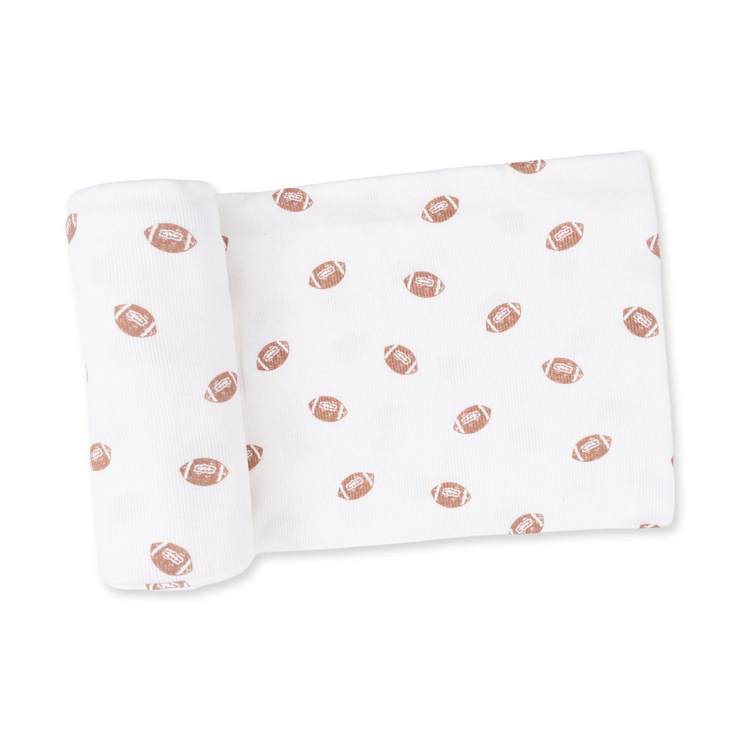 Angel Dear Mini Footballs Swaddle Blanket displayed to show the full baby blanket and mini footballs design