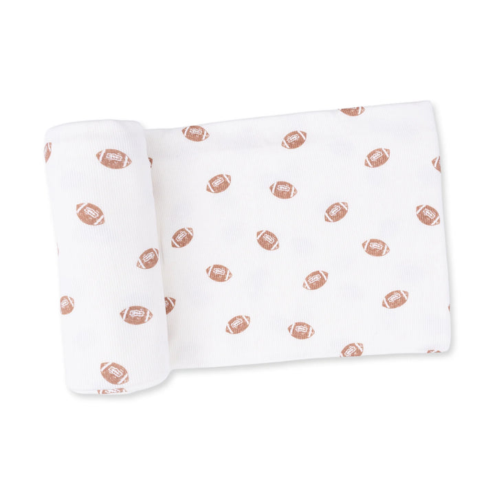 Angel Dear Mini Footballs Swaddle Blanket displayed to show the full baby blanket and mini footballs design