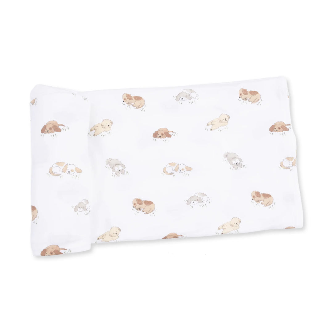 Angel Dear Puppy Snuggle Club Swaddle Blanket displayed to show the full baby blanket and puppy snuggle club design