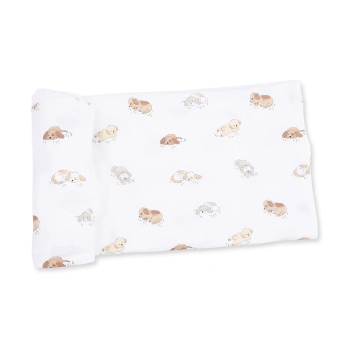 Angel Dear Puppy Snuggle Club Swaddle Blanket displayed to show the full baby blanket and puppy snuggle club design