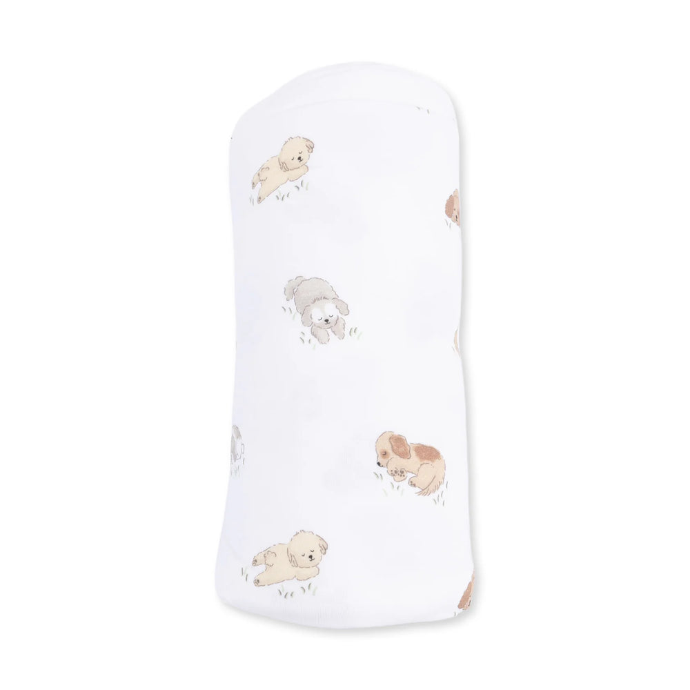 Angel Dear Puppy Snuggle Club Swaddle Blanket close-up highlighting the puppy snuggle club design across the blanket