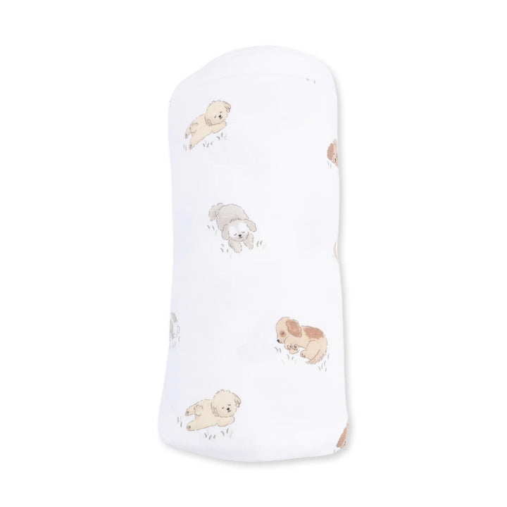 Angel Dear Puppy Snuggle Club Swaddle Blanket close-up highlighting the puppy snuggle club design across the blanket