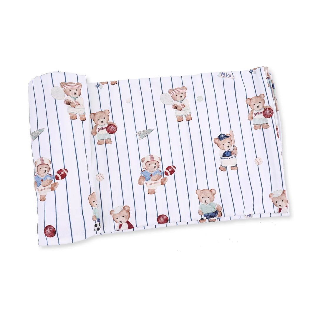 Angel Dear Mixed Sports Bears Swaddle Blanket displayed to show the full baby blanket and mixed sports bears design