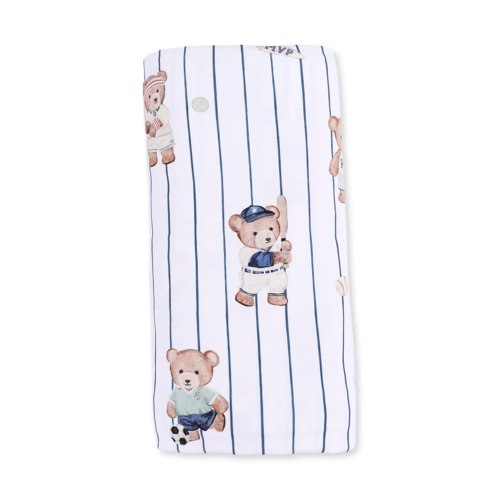 Angel Dear Mixed Sports Bears Swaddle Blanket close-up highlighting the mixed sports bears design across the blanket