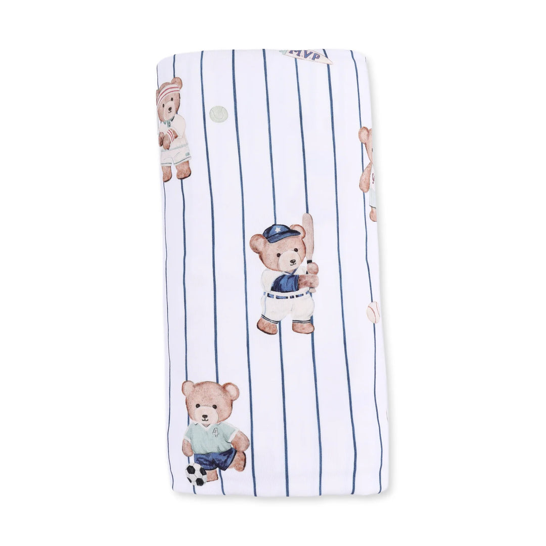 Angel Dear Mixed Sports Bears Swaddle Blanket close-up highlighting the mixed sports bears design across the blanket