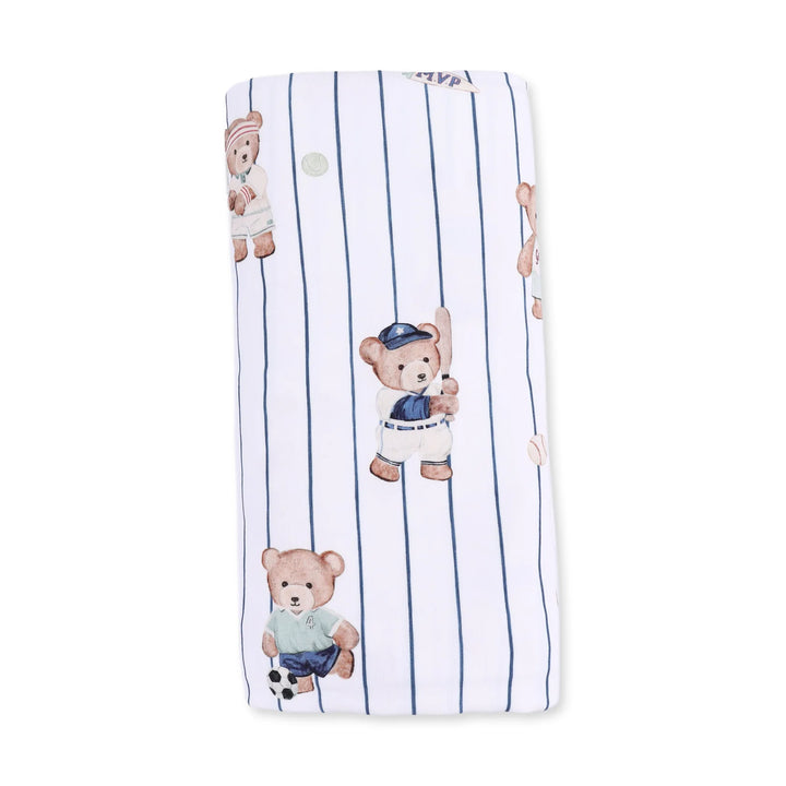 Angel Dear Mixed Sports Bears Swaddle Blanket close-up highlighting the mixed sports bears design across the blanket