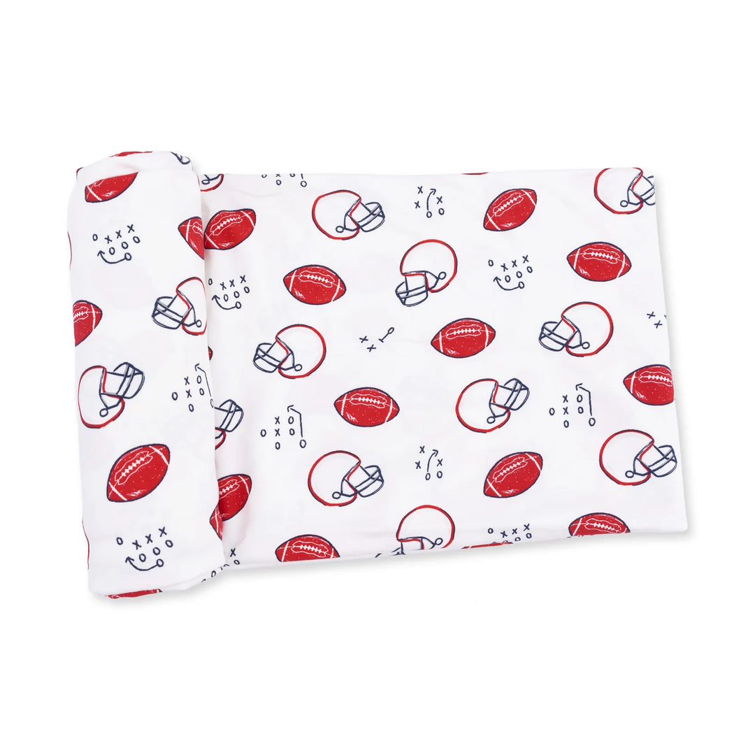 Angel Dear Touchdown Time Swaddle Blanket displayed to show the full baby blanket and touchdown time design