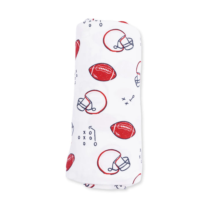 Angel Dear Touchdown Time Swaddle Blanket close-up highlighting the touchdown time design across the blanket