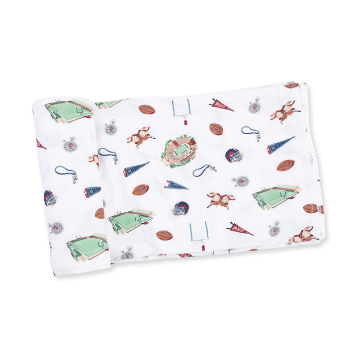 Angel Dear Vintage Football Swaddle Blanket displayed to show the full baby blanket and vintage football design
