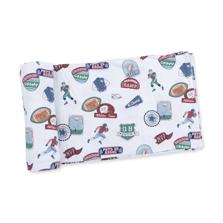 Angel Dear Football Patches Swaddle Blanket displayed to show the full baby blanket and football patches design