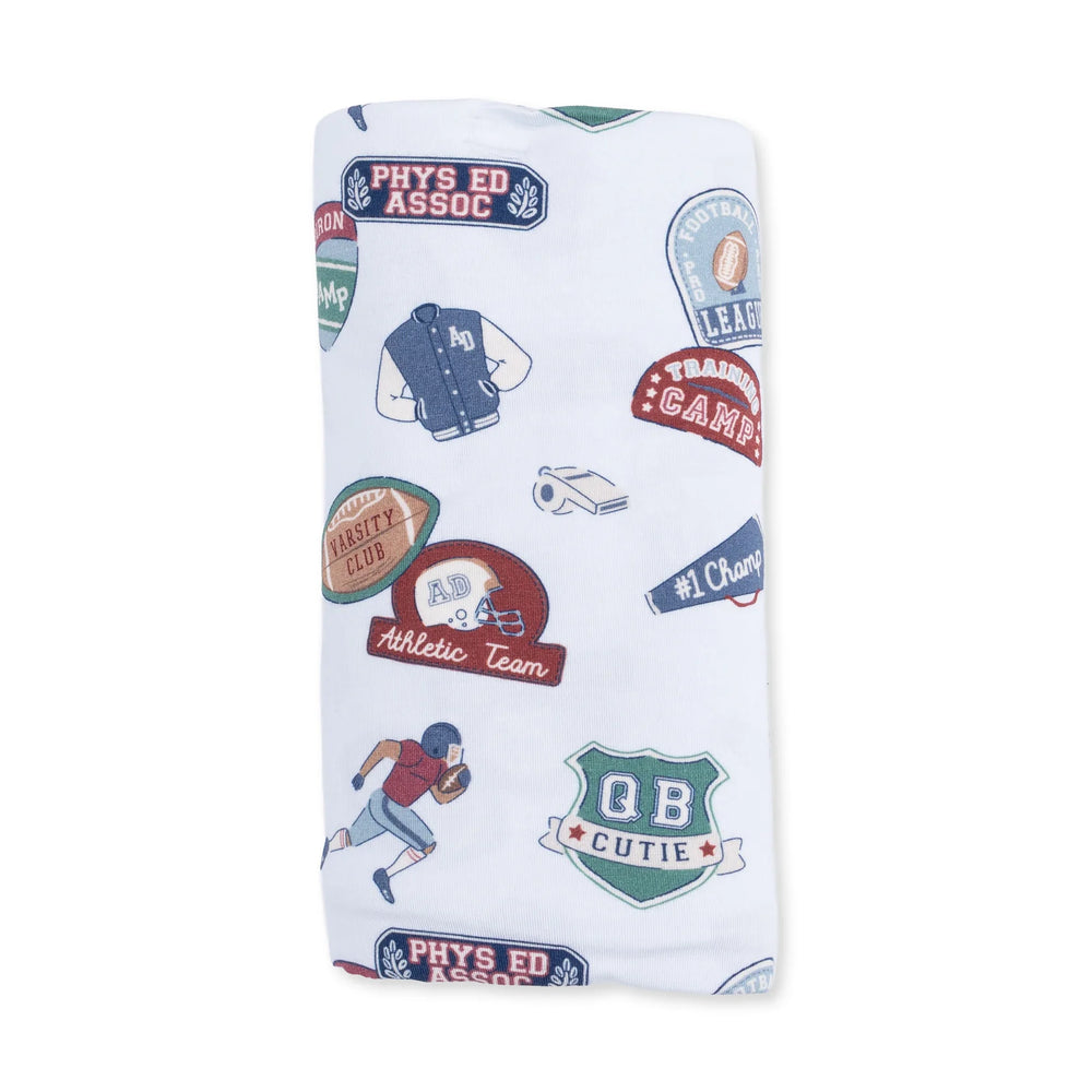Angel Dear Football Patches Swaddle Blanket close-up highlighting the football patches design across the blanket