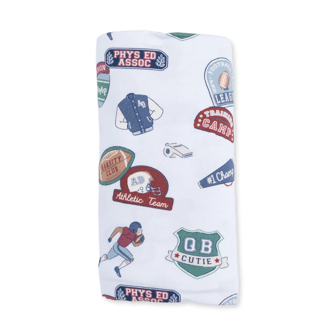 Angel Dear Football Patches Swaddle Blanket close-up highlighting the football patches design across the blanket