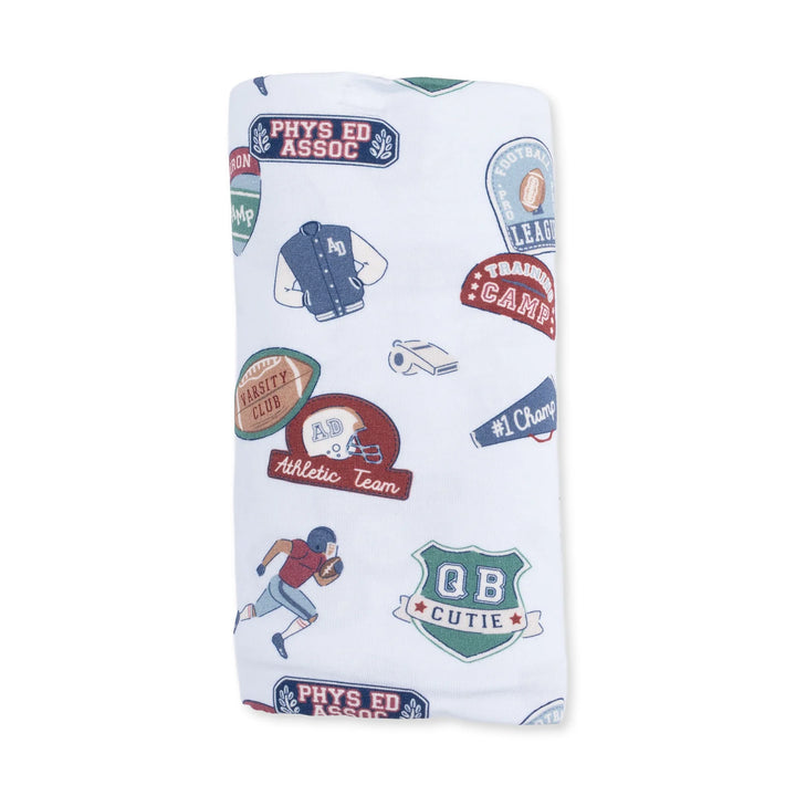 Angel Dear Football Patches Swaddle Blanket close-up highlighting the football patches design across the blanket
