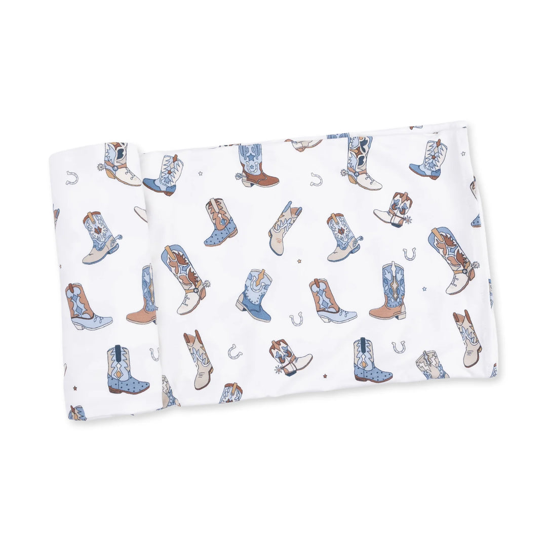 Angel Dear Buckaroo Boots Swaddle Blanket displayed to show the full baby blanket and buckaroo boots design