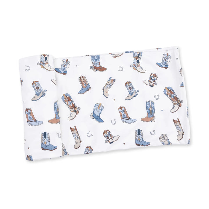 Angel Dear Buckaroo Boots Swaddle Blanket displayed to show the full baby blanket and buckaroo boots design