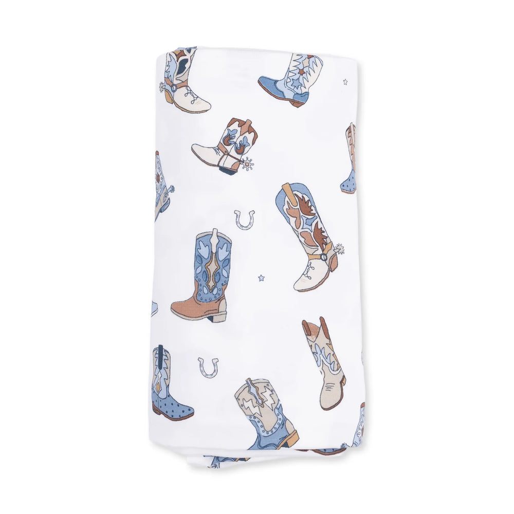 Angel Dear Buckaroo Boots Swaddle Blanket close-up highlighting the buckaroo boots design across the blanket