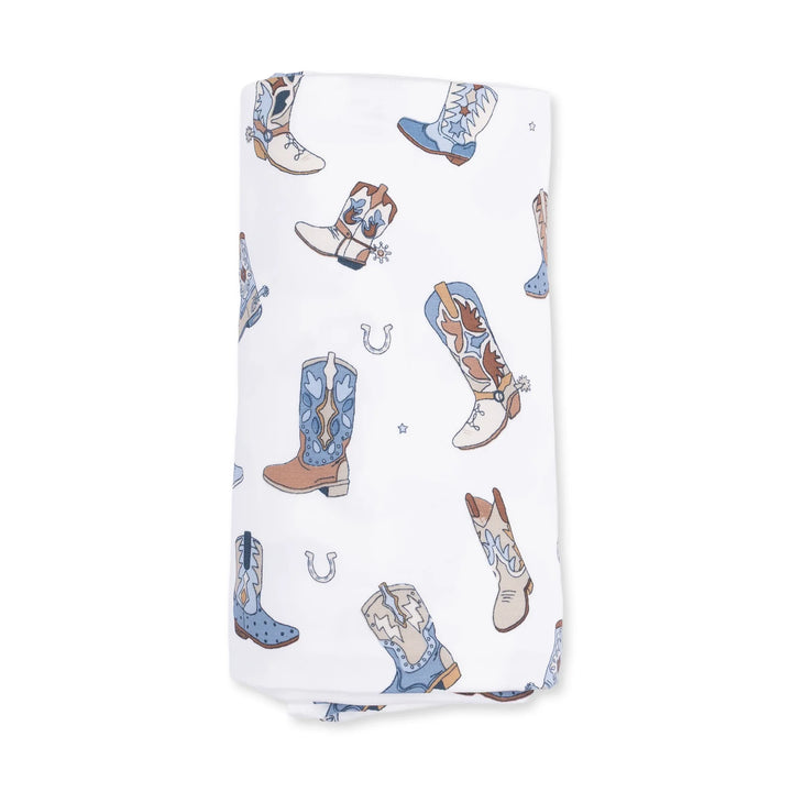 Angel Dear Buckaroo Boots Swaddle Blanket close-up highlighting the buckaroo boots design across the blanket