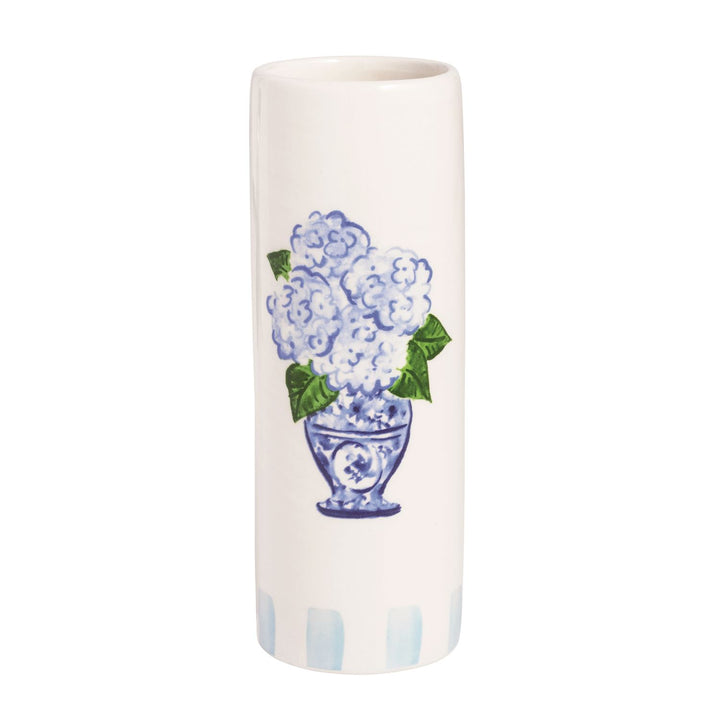 Blue and white chinoiserie vase featuring a hydrangea design, ideal for displaying a single floral stem.