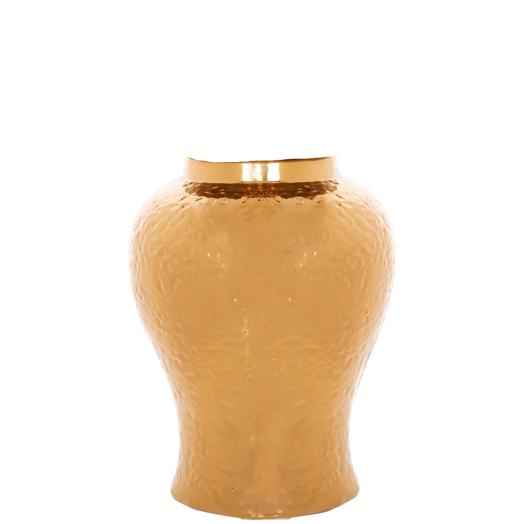 Hammered gold decorative vase with domed lid and textured finish | Walker Boutique