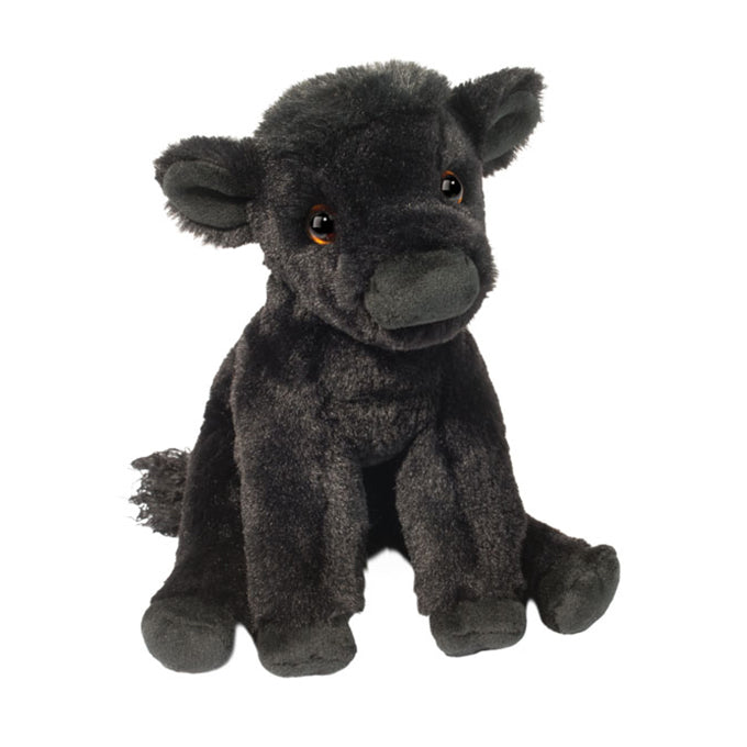 Black calf plush toy with soft velvety fur, embroidered facial features, and a seated pose | Walker Boutique
