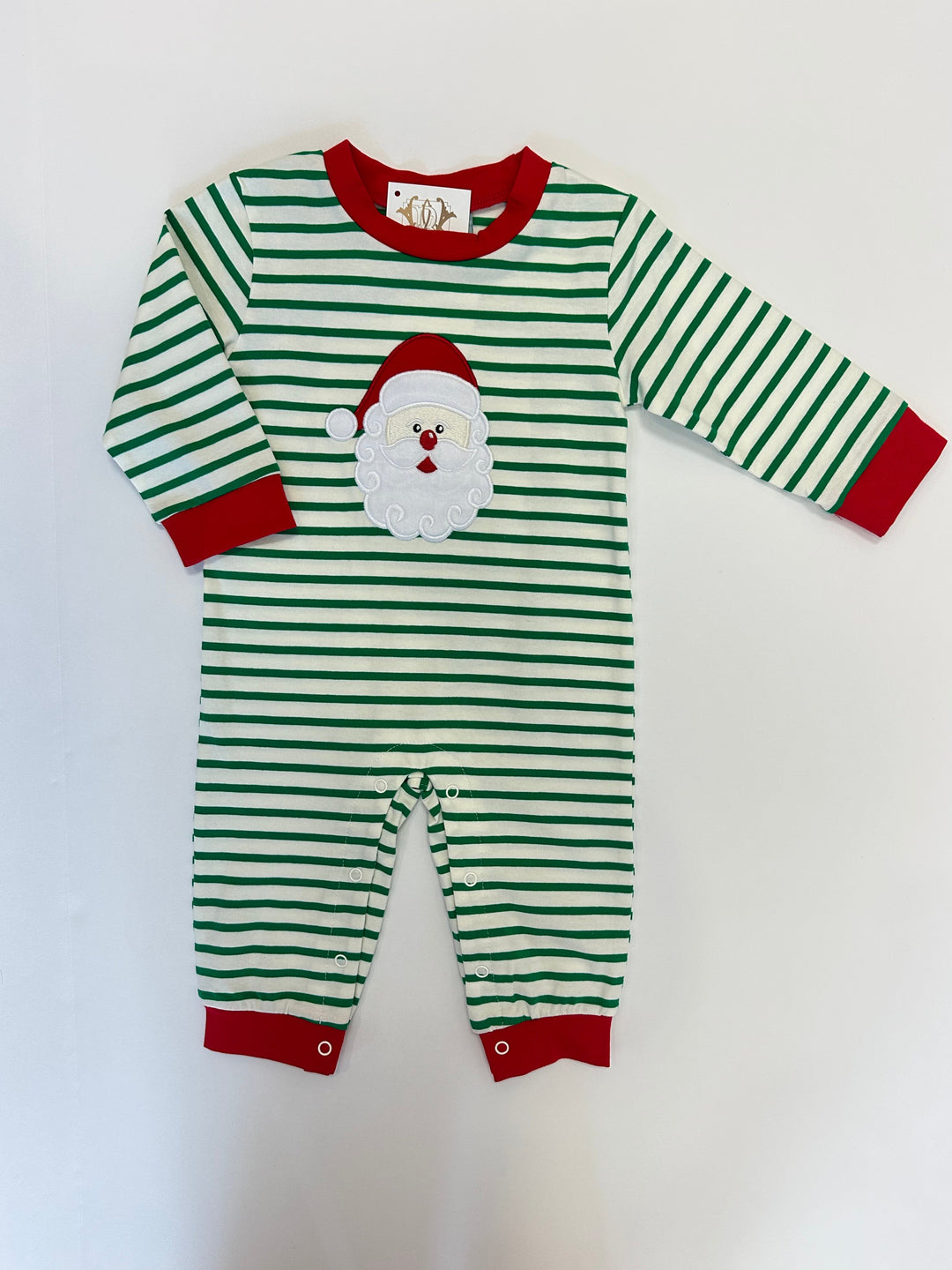 Santa Applique Boys Green Striped Romper – Classic Holiday Outfit with Festive Santa Design | Walker Boutique