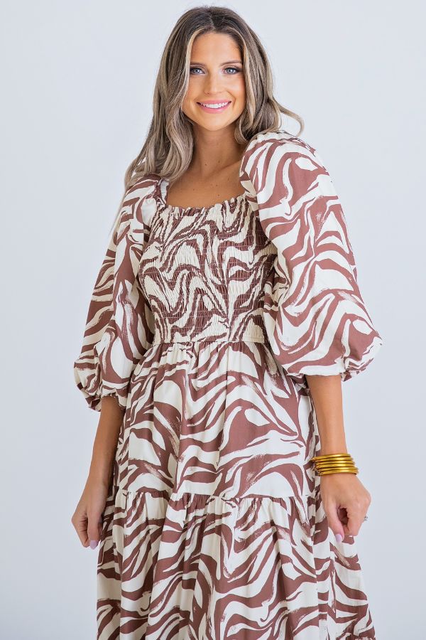 KARLIE: BROWN ZEBRA POPLIN SMOCK MAXI DRESS