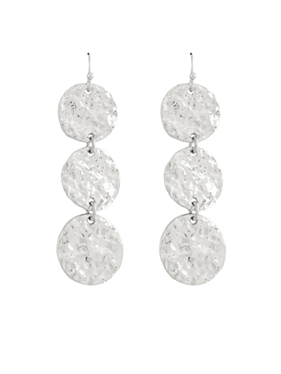 SILVER HAMMERED 3 DISK EARRINGS
