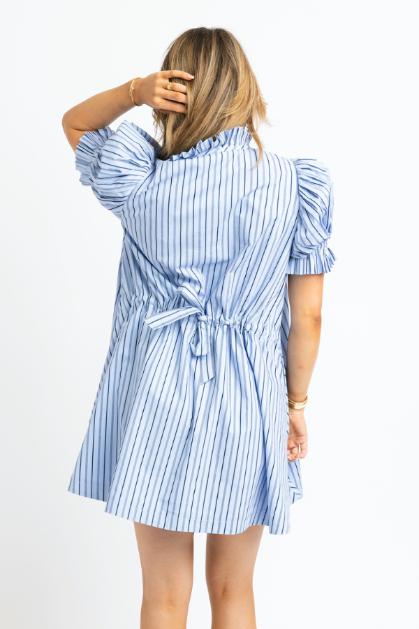 KARLIE: BLUE STRIPE POPLIN PLEAT SLEEVE SHIRT DRESS