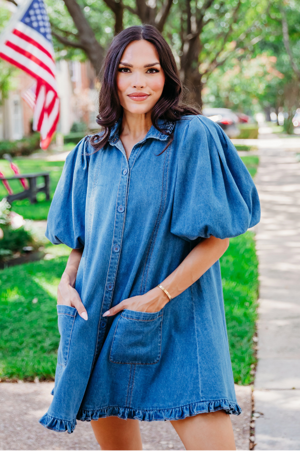 KARLIE: DENIM RUFFLE POCKET DRESS