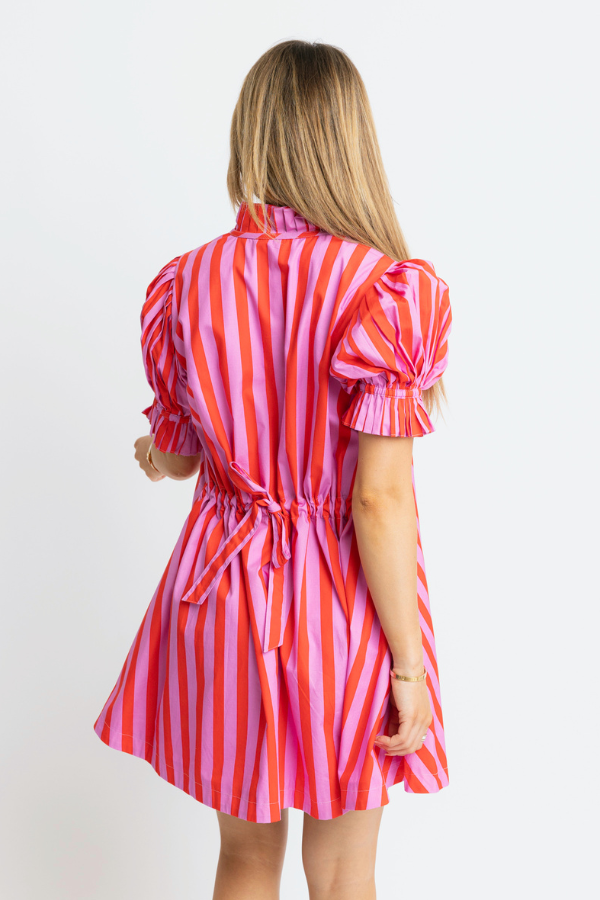 KARLIE: RED & PINK STRIPE BUTTON PUFF SLEEVE DRESS