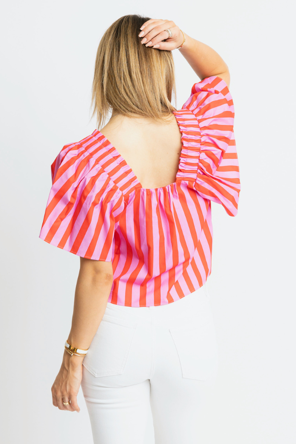 KARLIE: PINK & RED STRIPE SQUARE NECK TOP