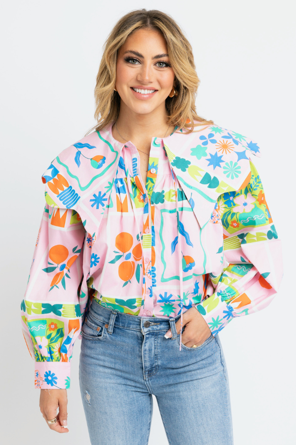 KARLIE: PINK FLORAL FRAME COLLAR TOP