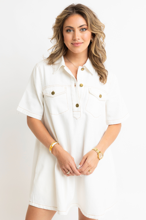 KARLIE: WHITE DENIM POCKET SWING SHIRT DRESS