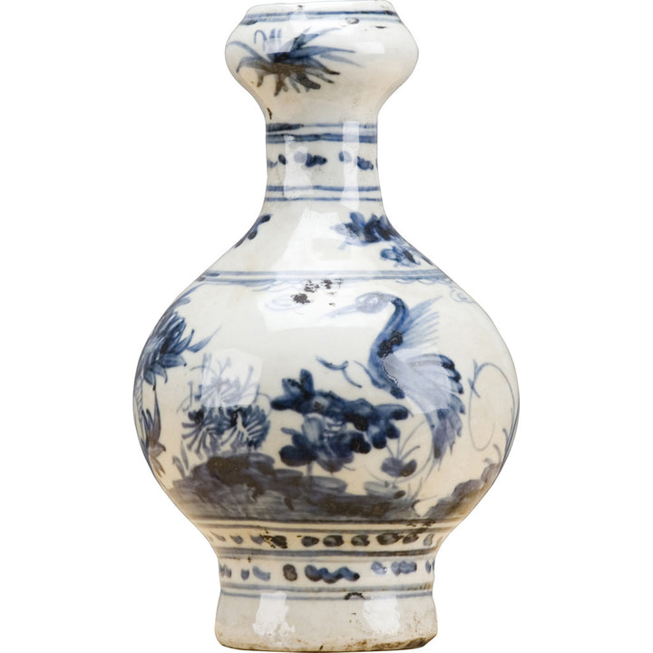 A traditional Chinese celadon-glazed ceramic vase with a bulbous body and narrow neck, decorated with blue hand-painted floral and crane motifs on an off-white background.