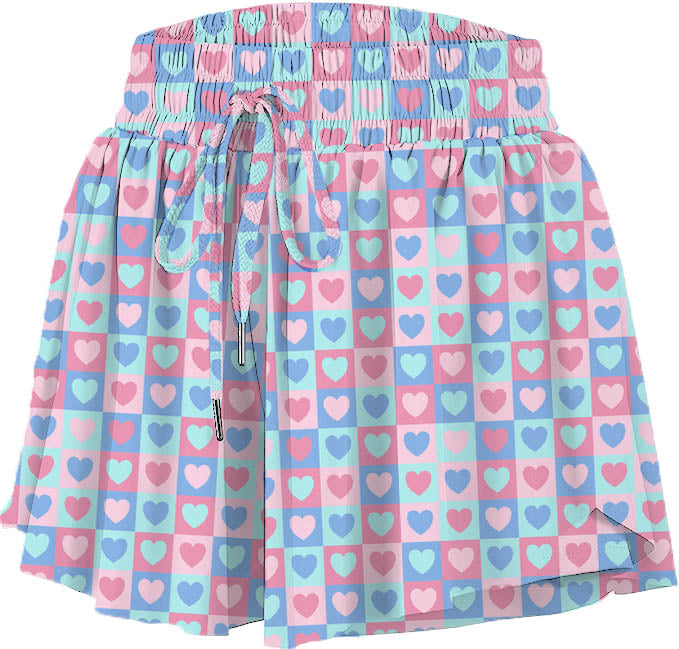 BUTTERFLY SHORTS WITH PASTEL HEARTS IN BLUE, PINK, AND DARK PINK