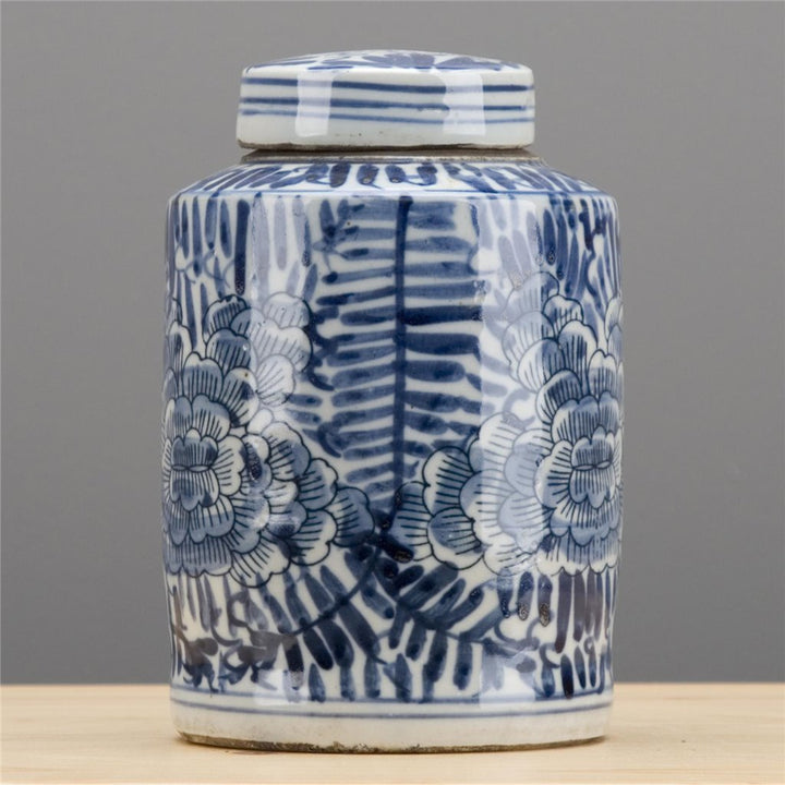 ROLLING PETALS BLUE & WHITE TEA CADDY