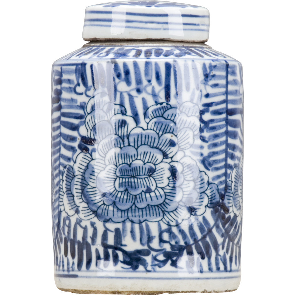 ROLLING PETALS BLUE & WHITE TEA CADDY