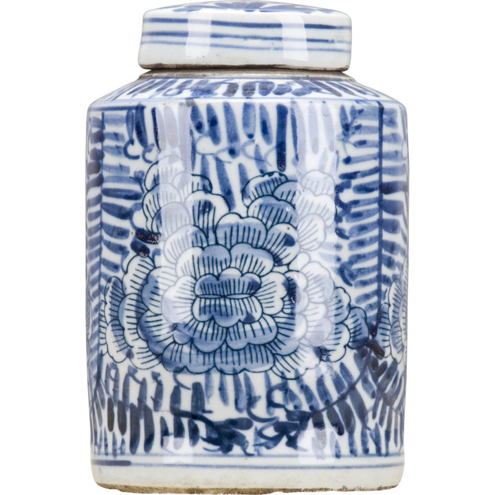 ROLLING PETALS BLUE & WHITE TEA CADDY