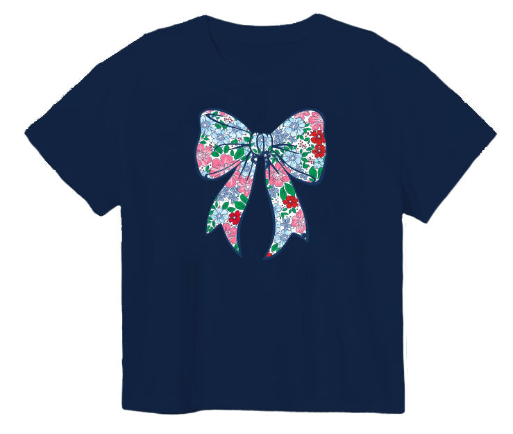 Navy blue t-shirt with a colorful floral bow design on the back against a white background