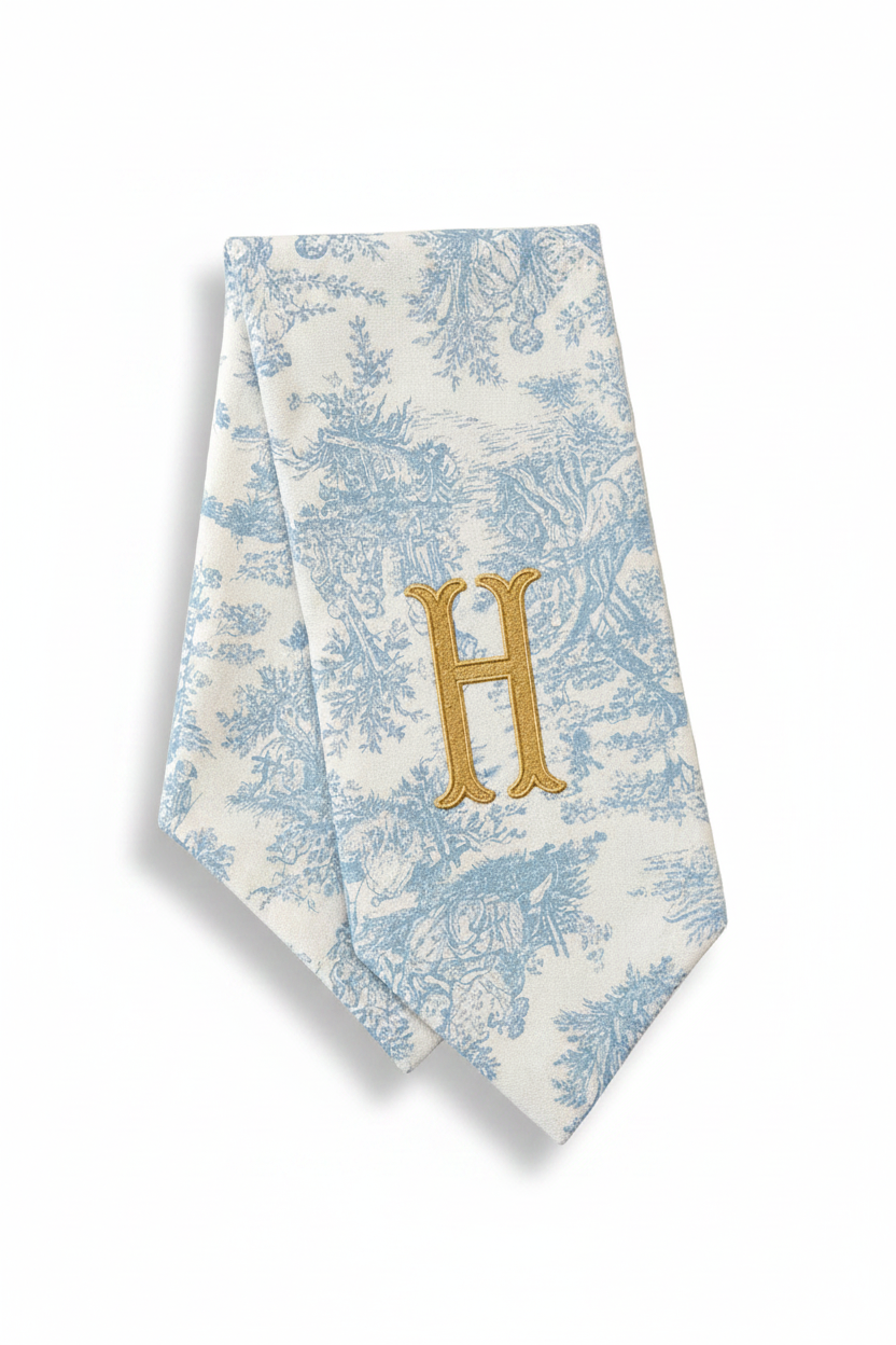 MOORE/HODGES: MONOGRAM TOILE WREATH SASH LIGHT BLUE