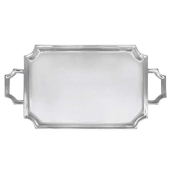 A silver rectangular handled serving tray with engravable surface.