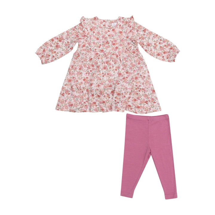 PRETTY PINK CALICO RUFFLE TIERED DRESS & RIBBED LEGGING SET