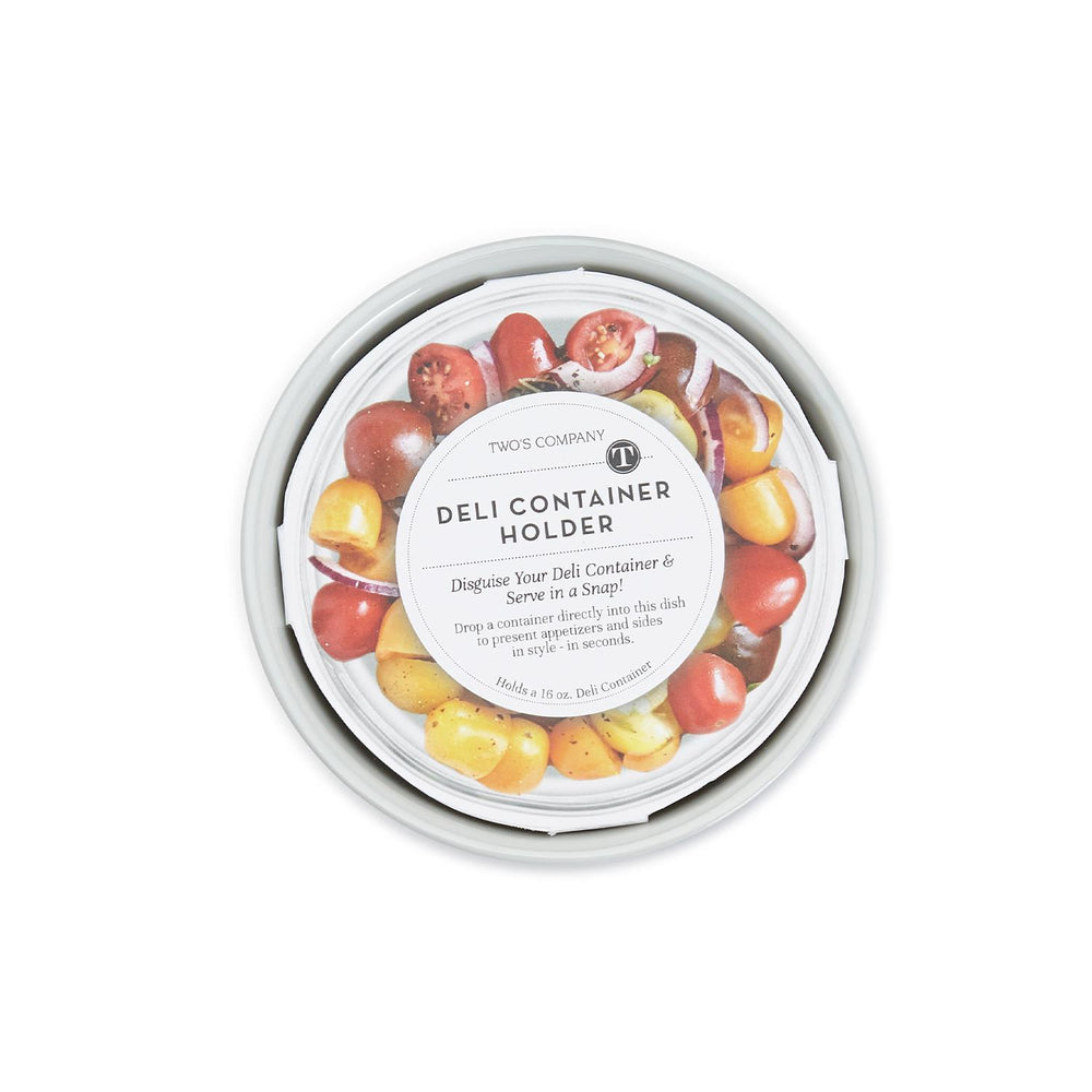 Deli container holder with tomato and cheese illustration on a white background