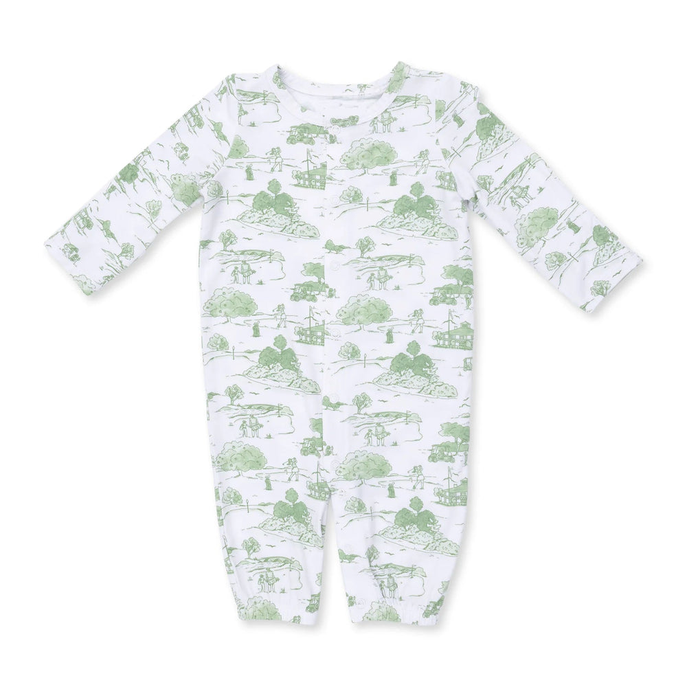 Angel Dear Golf Toile Green Convertible Gown and Beanie Hat alternate view of the baby gown showing the golf toile green and design and coordinating trim