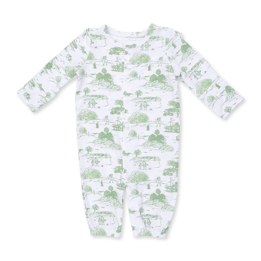 Angel Dear Golf Toile Green Convertible Gown and Beanie Hat alternate view of the baby gown showing the golf toile green and design and coordinating trim