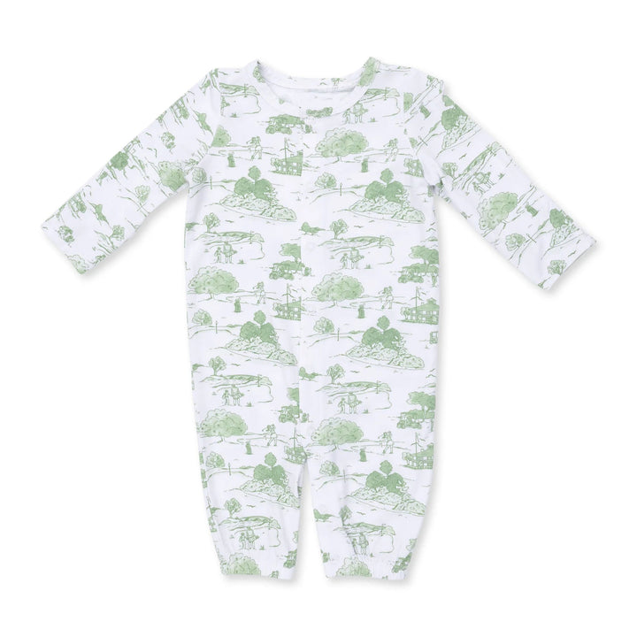 Angel Dear Golf Toile Green Convertible Gown and Beanie Hat alternate view of the baby gown showing the golf toile green and design and coordinating trim